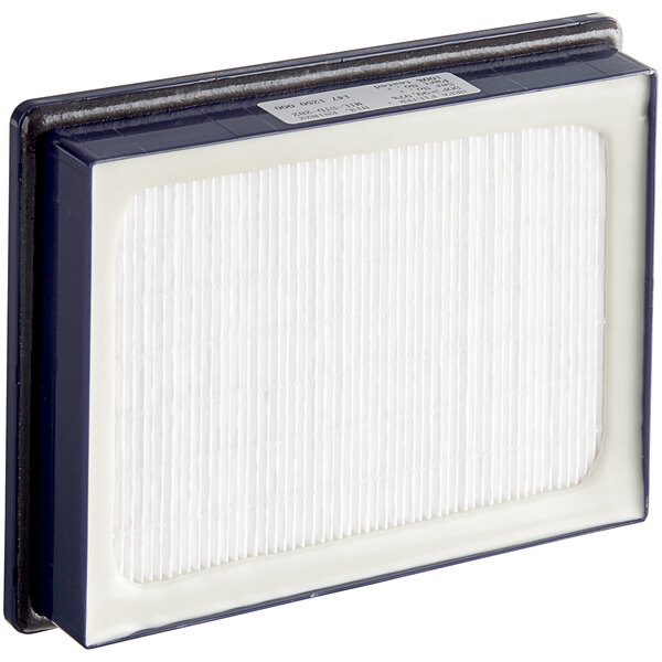 A white and blue Clarke HEPA exhaust filter for CarpetMaster vacuums.