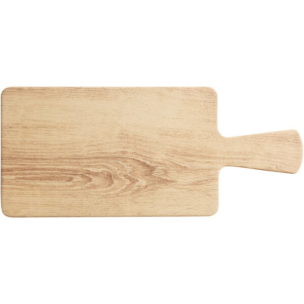 An Acopa light oak faux wood melamine serving board with a handle.