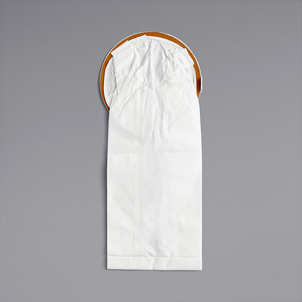 A white bag with a hole in it on a gray background.