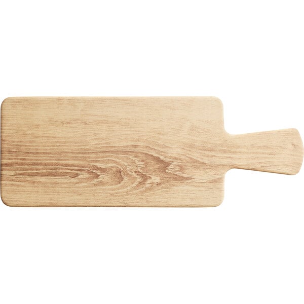 An Acopa light oak faux wood melamine serving board with a handle.