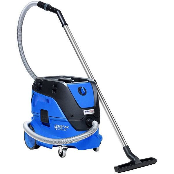 A blue and black Nilfisk wet/dry vacuum with a black hose.