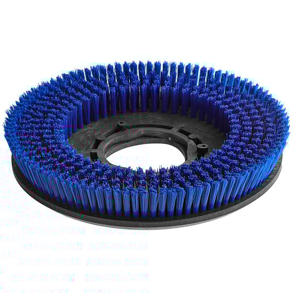 A circular blue scrub brush with a black rim.