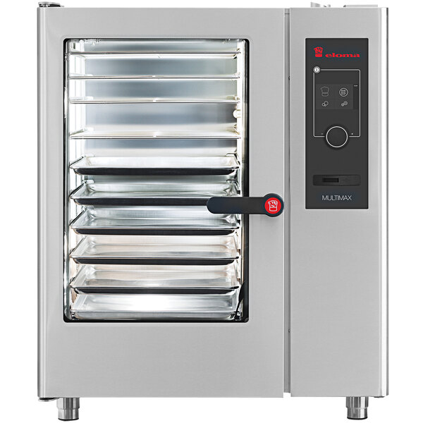 A Eloma stainless steel Multimax combi oven with trays inside.