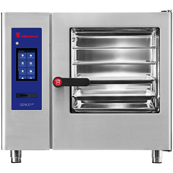 An open Eloma boilerless electric combi oven with shelves inside.
