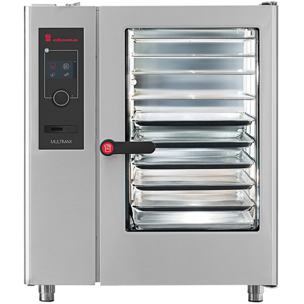 A Eloma natural gas combi oven with two racks and trays inside.