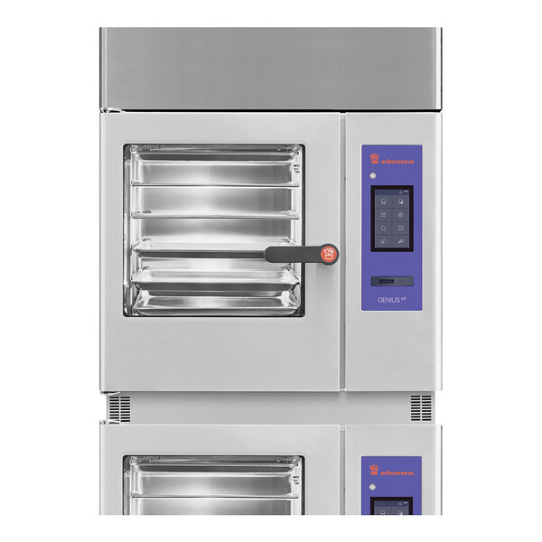 A close-up of a silver Eloma condensation hood for a left hinged stacked oven.