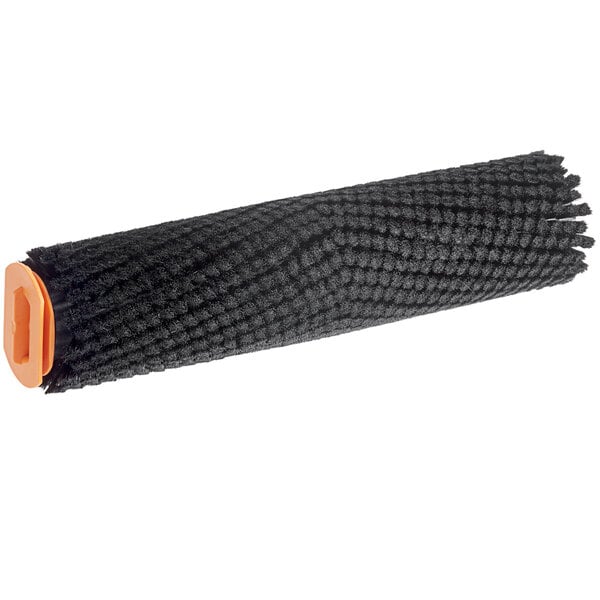 A black Nilfisk cylindrical scrub brush with an orange handle.