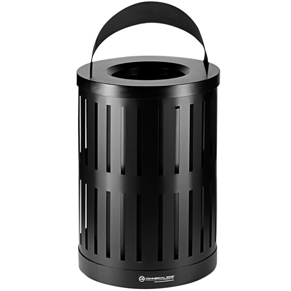 A black metal Commercial Zone Parkview trash receptacle with a canopy top and a handle.