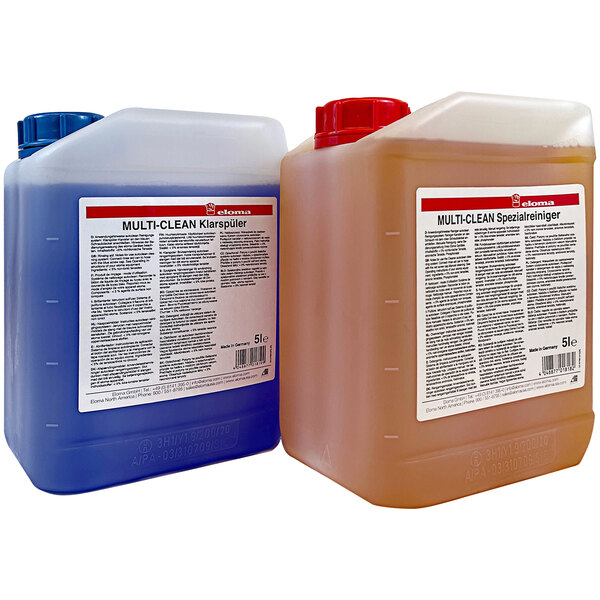 A group of plastic containers with white and red lids and labels containing blue liquid.