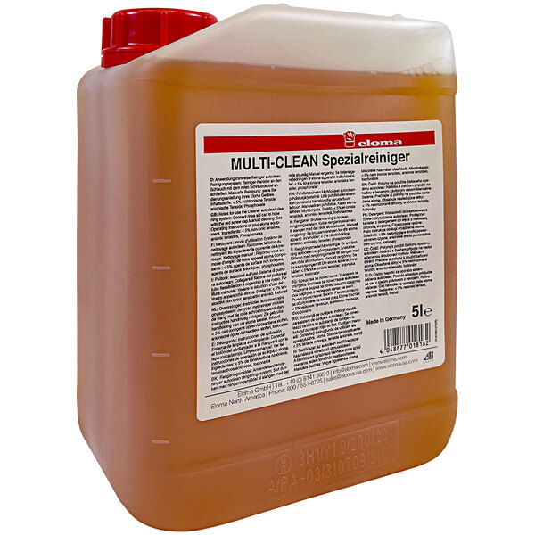 A plastic container of Eloma Multi-Clean oven cleaner with a white label and red cap.