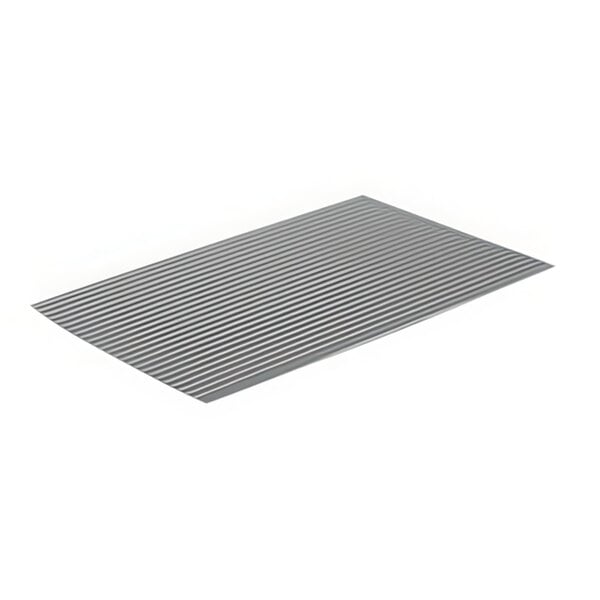 A grey rectangular metal baking tray with a black stripe.