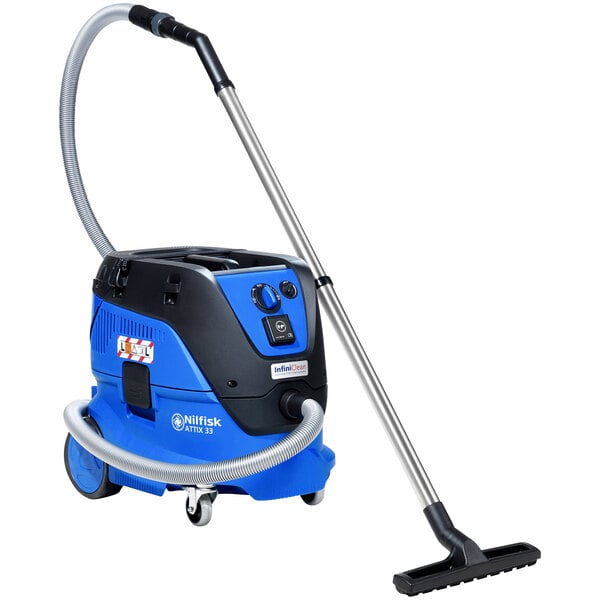 A blue and black Nilfisk ATTIX 33-21 wet / dry vacuum.