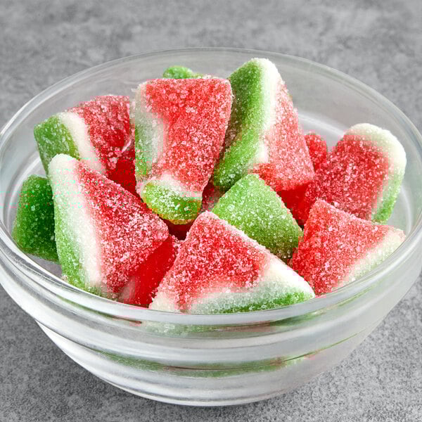 A bowl of Kervan watermelon shaped gummy candy.