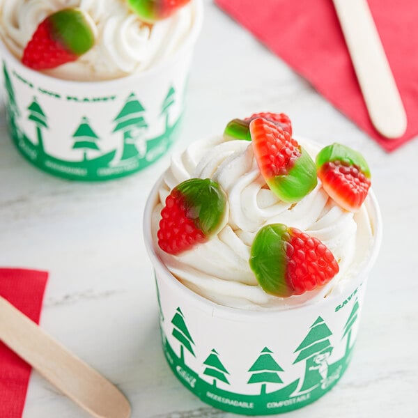 A cup of ice cream with Kervan Strawberry and Cream Gummies on top.