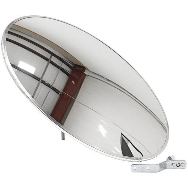 A Vestil round indoor convex mirror with a metal frame.