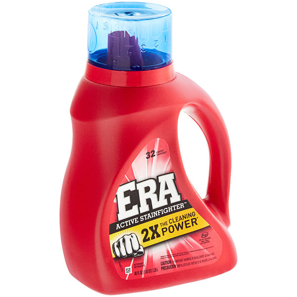 A red bottle of Era 2X Laundry Detergent with a blue cap.