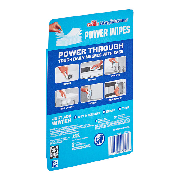 A blue box of 8 Mr. Clean Magic Eraser Sheets with images and instructions on it.