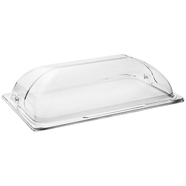 A clear polycarbonate container with a roll top lid.