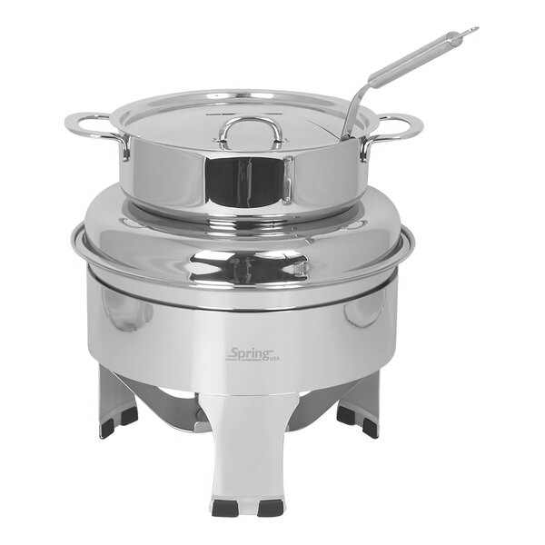 A silver stainless steel Spring USA Suite soup marmite with a lid.