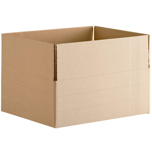 A Lavex Kraft cardboard shipping box with a cut out corner.
