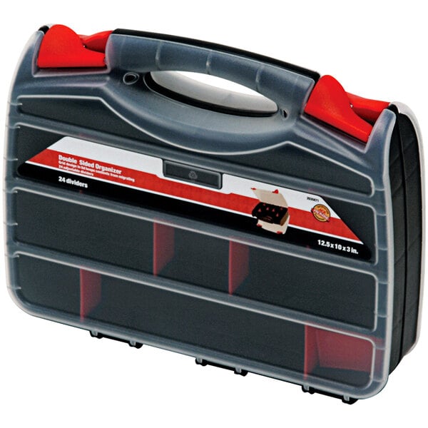 A black and red plastic Quantum double sided organizer with red handles.