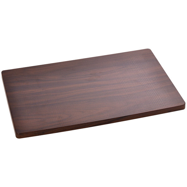 A rectangular wooden faux wood riser tray with a wood surface.