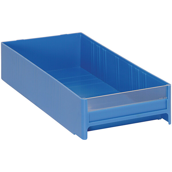 A blue plastic drawer for Quantum storage with a clear lid.