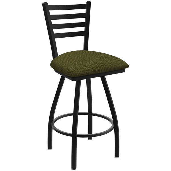 A black Holland Bar Stool ladderback swivel bar stool with a green graph parrot cushion.