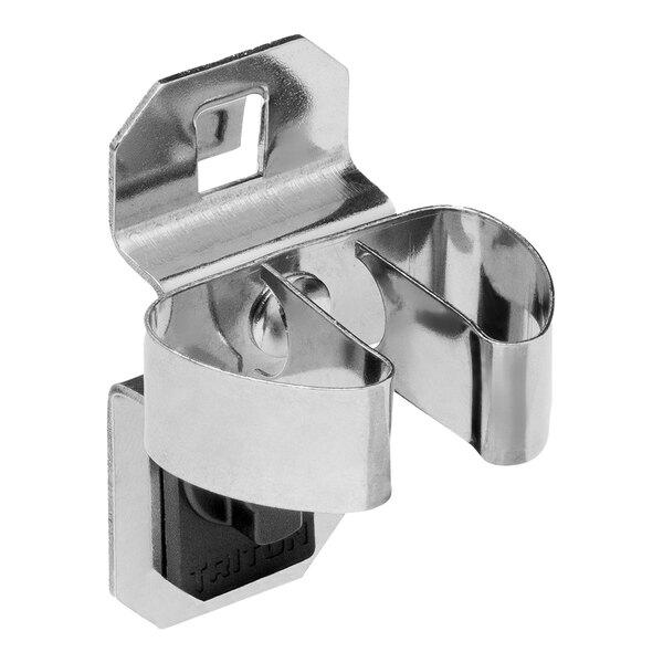 A stainless steel Triton LocHook spring clip with a black rubber band.