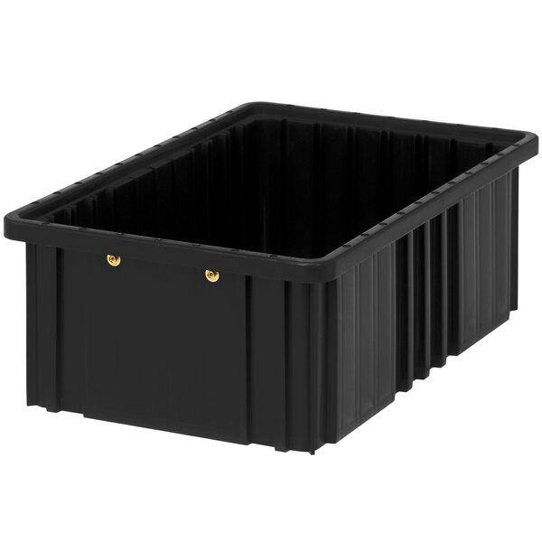 A black plastic Quantum conductive dividable grid container with two compartments.