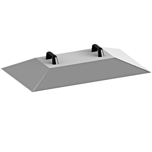 A grey rectangular lid with black handles.