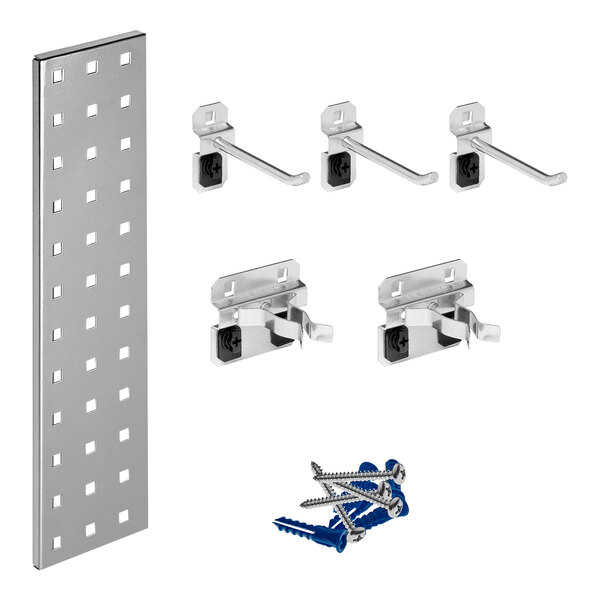 A Triton silver metal tool pegboard strip with screws and hooks.