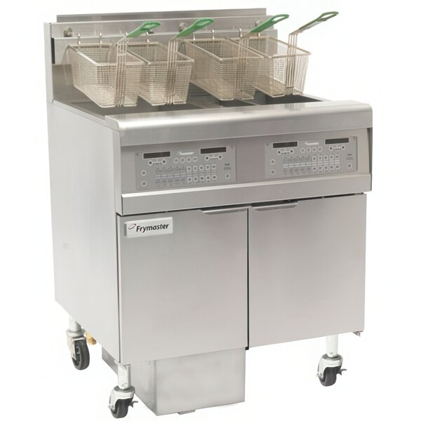 A Frymaster liquid propane commercial floor fryer with full right frypot and left split pot.