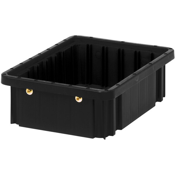 A black plastic Quantum conductive grid container with dividers and two holes.