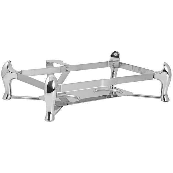 A silver metal Spring USA Reflection chafer stand with legs.