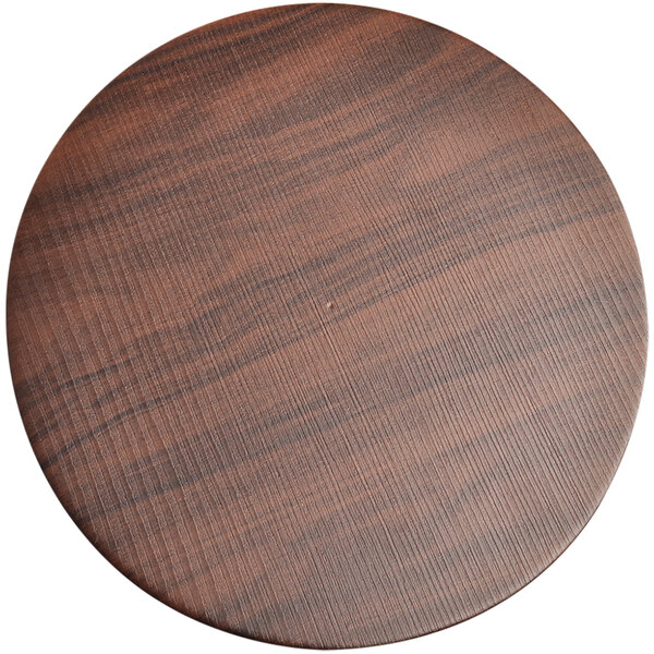 A Spring USA Wynwood round faux wood riser tray with a wood grain pattern.