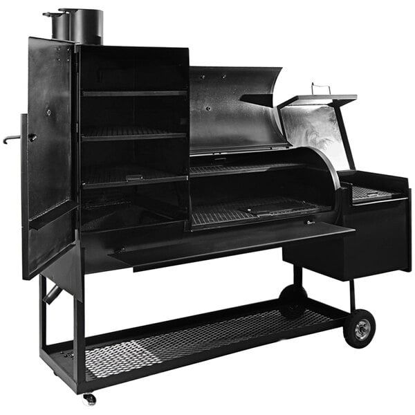 An Old Country BBQ Pits Angus Offset Smoker with open doors on a white background.