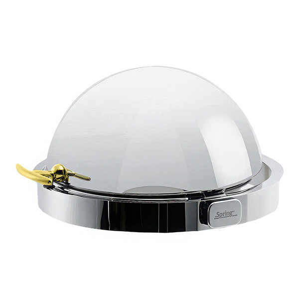 A Spring USA Rondo round chafer with a glass dome with gold accents.