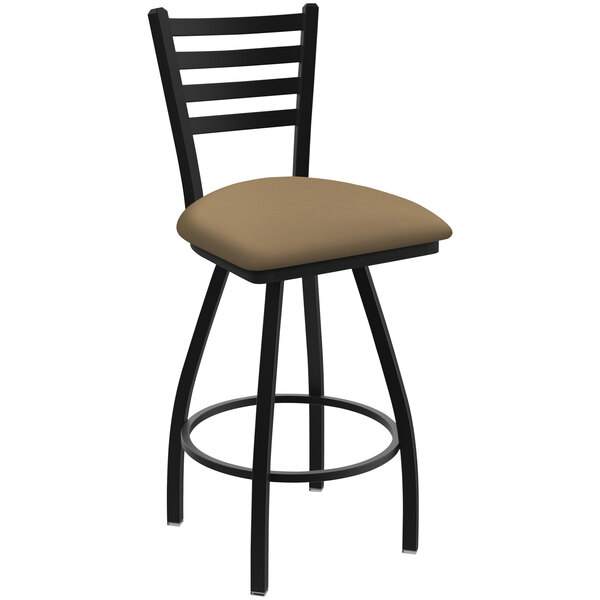 A black Holland Bar Stool ladderback swivel bar stool with a tan cushion seat.