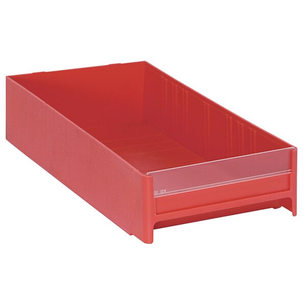 A red high impact polystyrene drawer for interlocking cabinets with a clear lid.