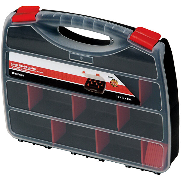 A black and red plastic tool box with red and black compartments.