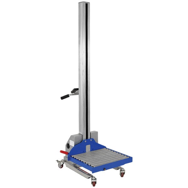 A blue and silver Vestil Quick Lift Conveyor attachment on a metal pole.