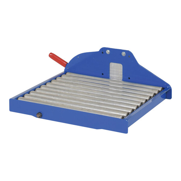 A blue and silver Vestil Quick Lift Conveyor with red brake attachment.