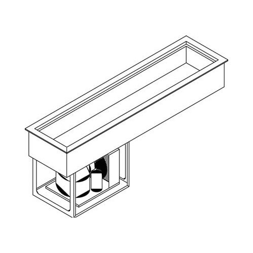 A black and white drawing of a rectangular machine with two small containers inside.