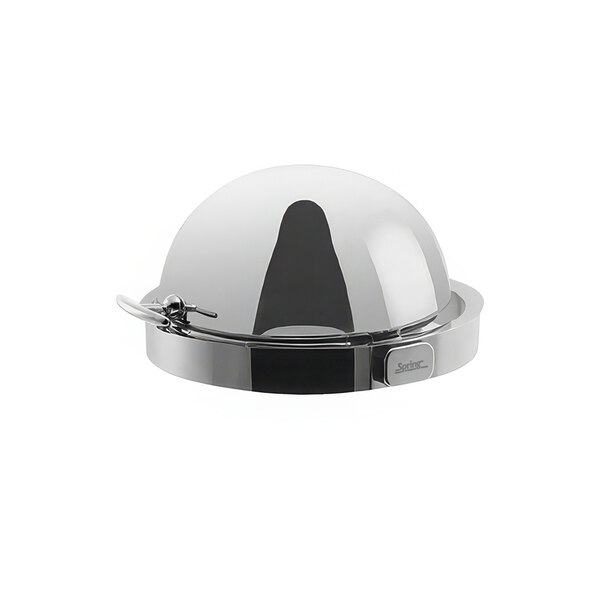 A Spring USA Rondo round silver chafer with a lid on a counter.