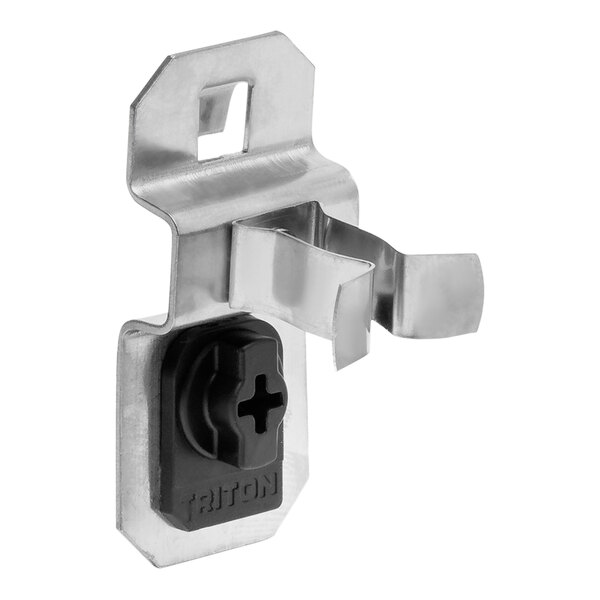 A stainless steel Triton LocHook extended spring clip with black plastic cover.