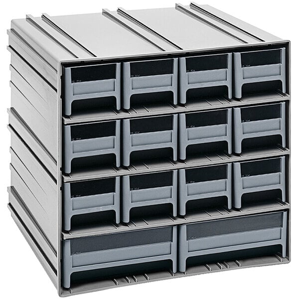 A Quantum grey plastic storage cabinet with 12 compact drawers and 2 large drawers with windows on a white background.