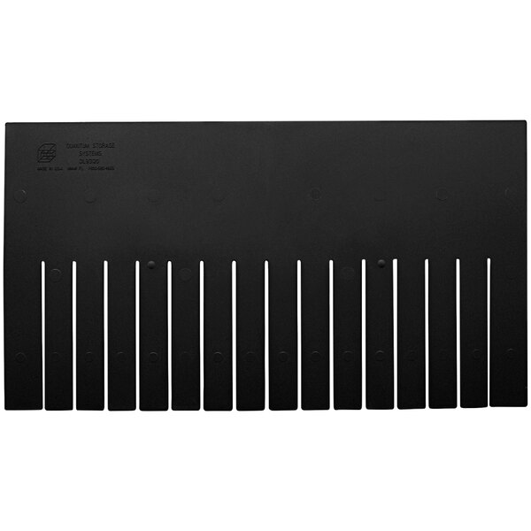 A black rectangular plastic divider with many small circular holes and white lines.