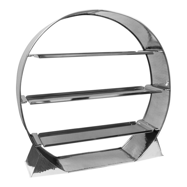 A Spring USA stainless steel display wheel with three shelves.