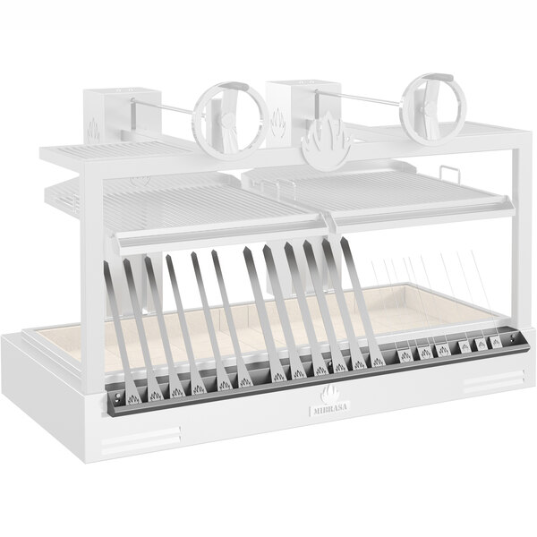 A white rack with metal rods designed to fit a white Mibrasa Parrilla grill.